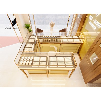 Thiết kế tiệm vàng hiện đại với hệ tủ MDF lõi xanh kết hợp kính cường lực 